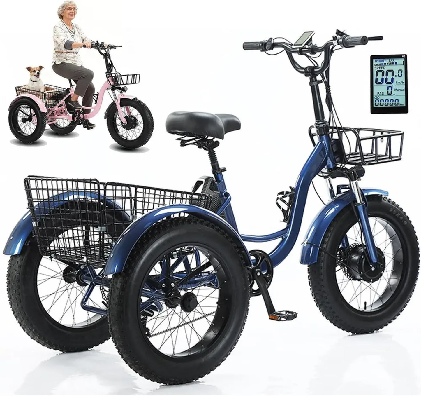 Tricycle Électrique 20'' Fatbike, Batterie 48V 13Ah, Écran LCD, Klaxon, Phare, Panier, Selle Ajustable, Charge 150kg, Autonomie 40 km, Bleu