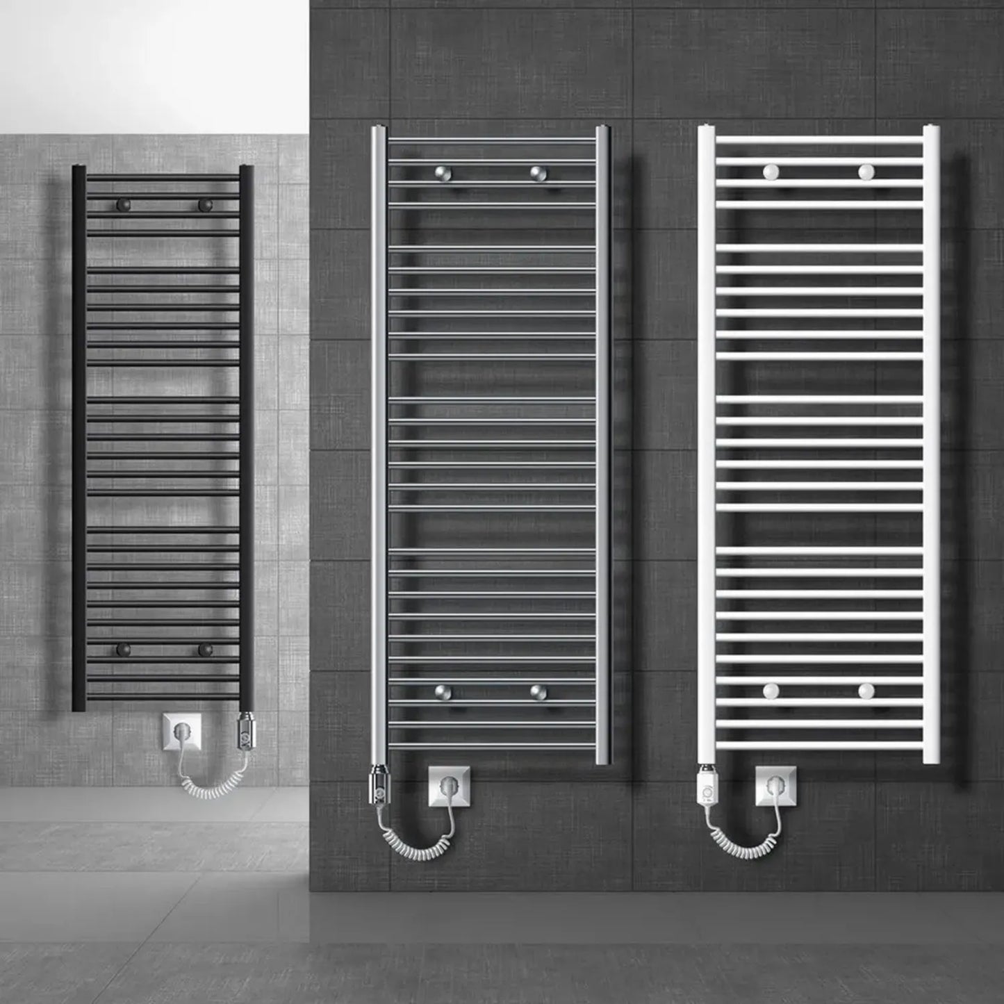 Radiateur Électrique Blanc pour Salle de Bain 400x1200 mm, 900W, Porte-Serviettes Intégré, Raccord Latéral