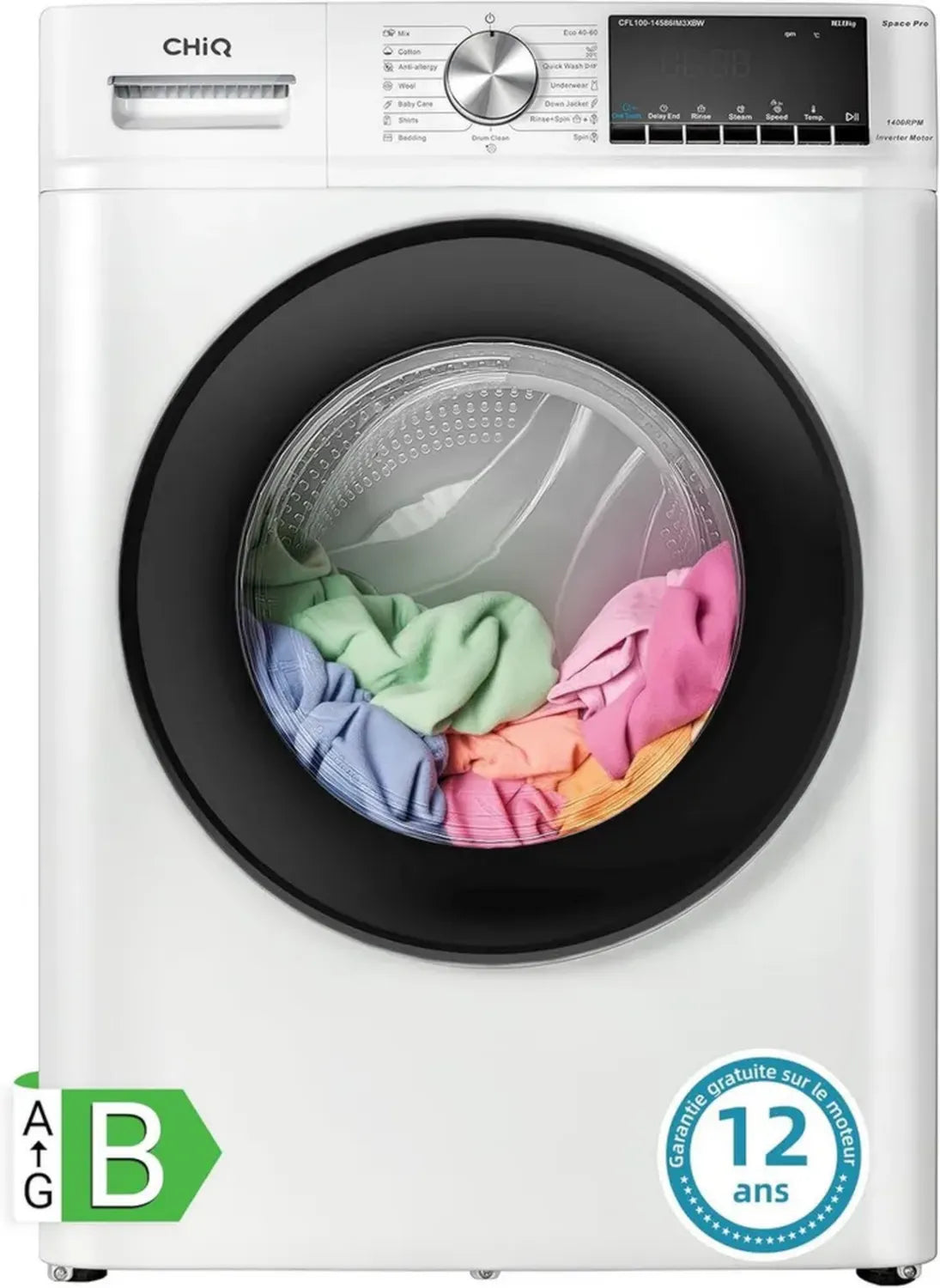 Lave-linge CHiQ 10 kg Inverter 1400 rpm, Blanc, Lavage Rapide