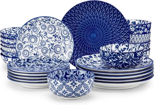 vancasso Selene Service de Table 24 Pièces, Vaisselle Bleu et Blanc en Porcelaine pour 6 Personnes - Assiettes Plates, Dessert, Creuses et Bols Compatibles Micro-ondes