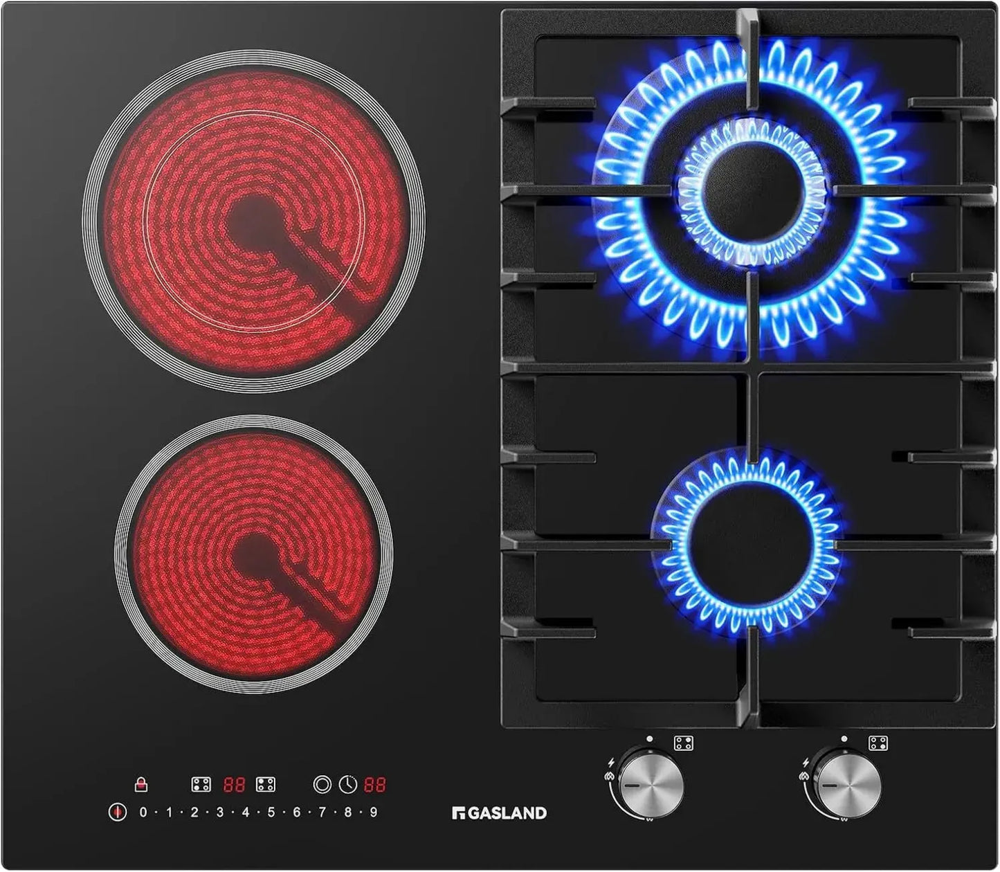 Plaque de Cuisson Mixte 60 cm, 4 Zones avec Brûleur Wok 5200 W, Gaz et Vitrocéramique, Encastrable en Verre Noir