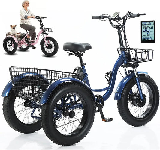 Tricycle Électrique 20'' Fatbike, Batterie 48V 13Ah, Écran LCD, Klaxon, Phare, Panier, Selle Ajustable, Charge 150kg, Autonomie 40 km, Bleu
